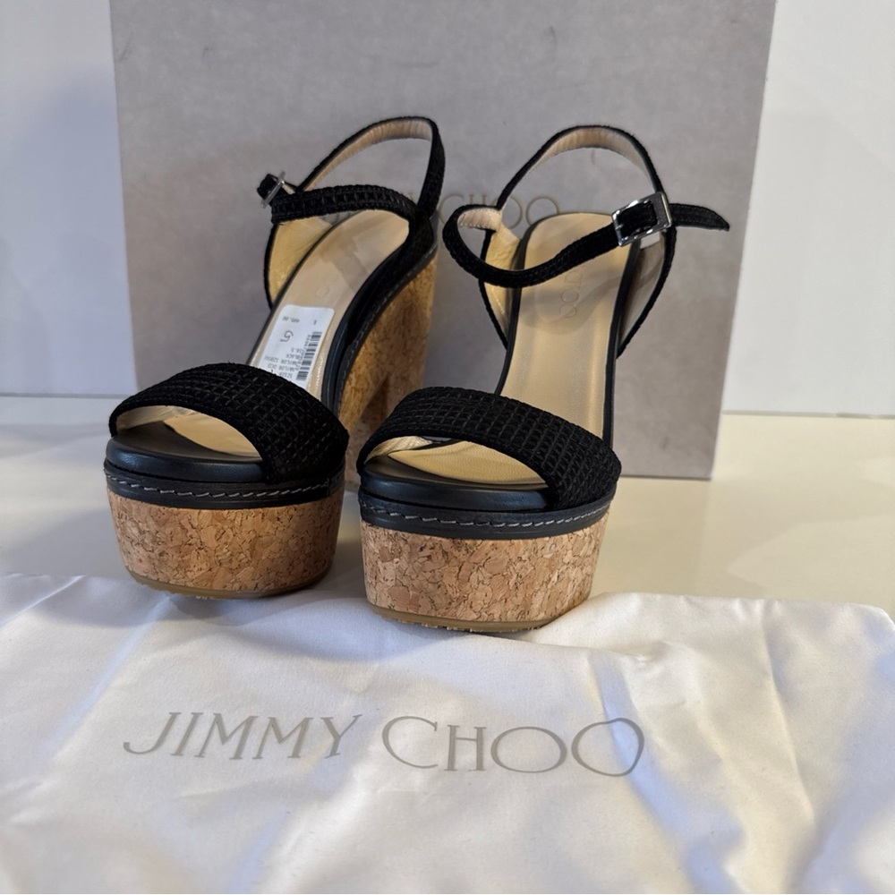 Jimmy Choo Naylor 135 Platform Sandals Black Suede Cork Block Size 38.5…